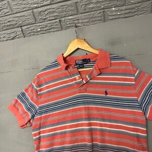 Polo Ralph Lauren Mens Large Salmon Blue Striped Short Sleeve Cotton Polo Shirt